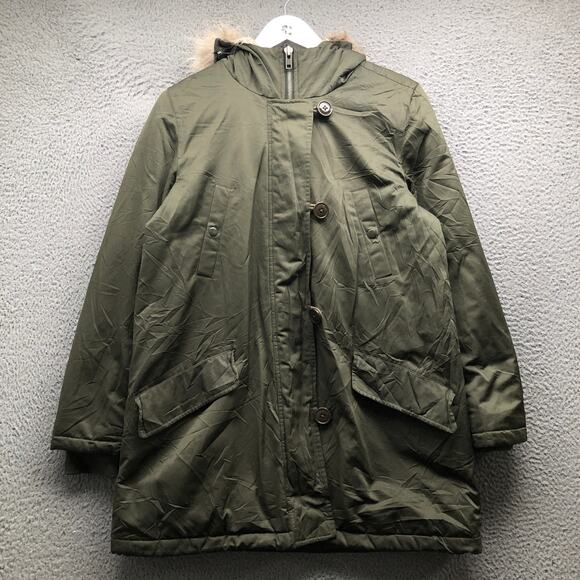 Theory Puffer Down Parka Military Coat Mens Medium Full Zip Coyote Fur Trim Hood - Picture 1 of 12